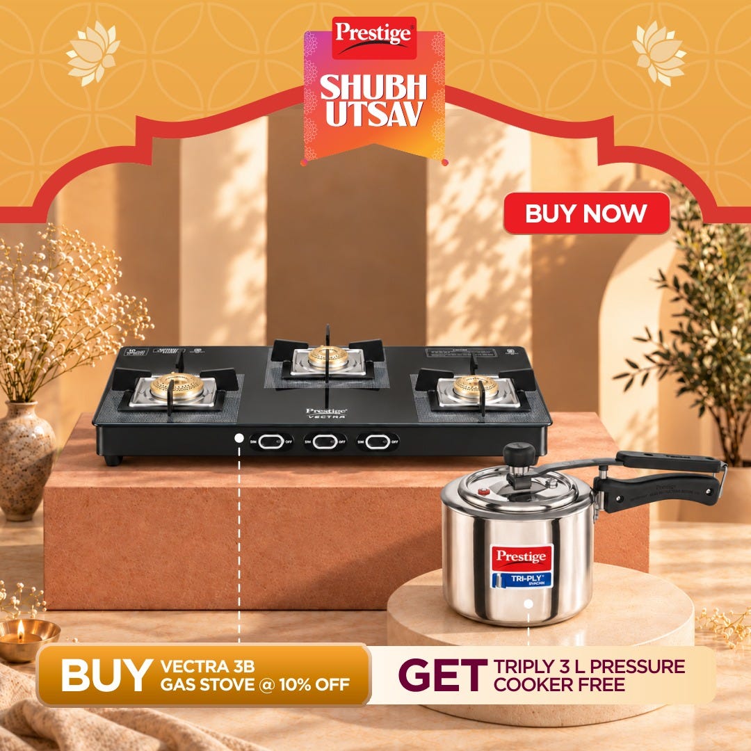 Prestige Vectra 3 Burner Glass Top Gas Stove, Toughened Glass, Jumbo Brass Burner, Black + Prestige 3 Litre TRIPLY Svachh Inner Lid Pressure Cooker, Deep Lid for Spillage Control, Gas & Induction, ISI
