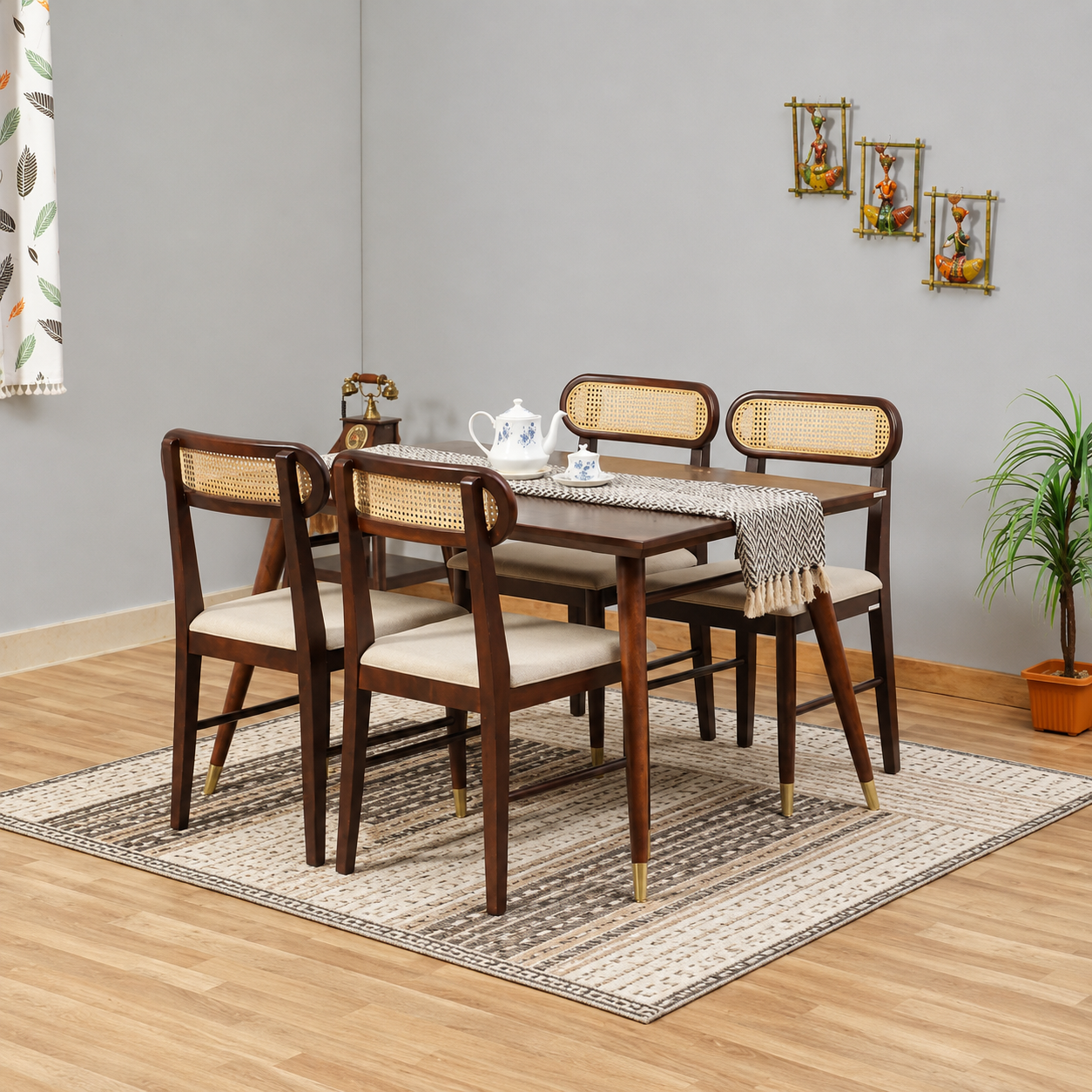 Ashton Solid Wood Rattan Cane Dining Table 4 Seater 