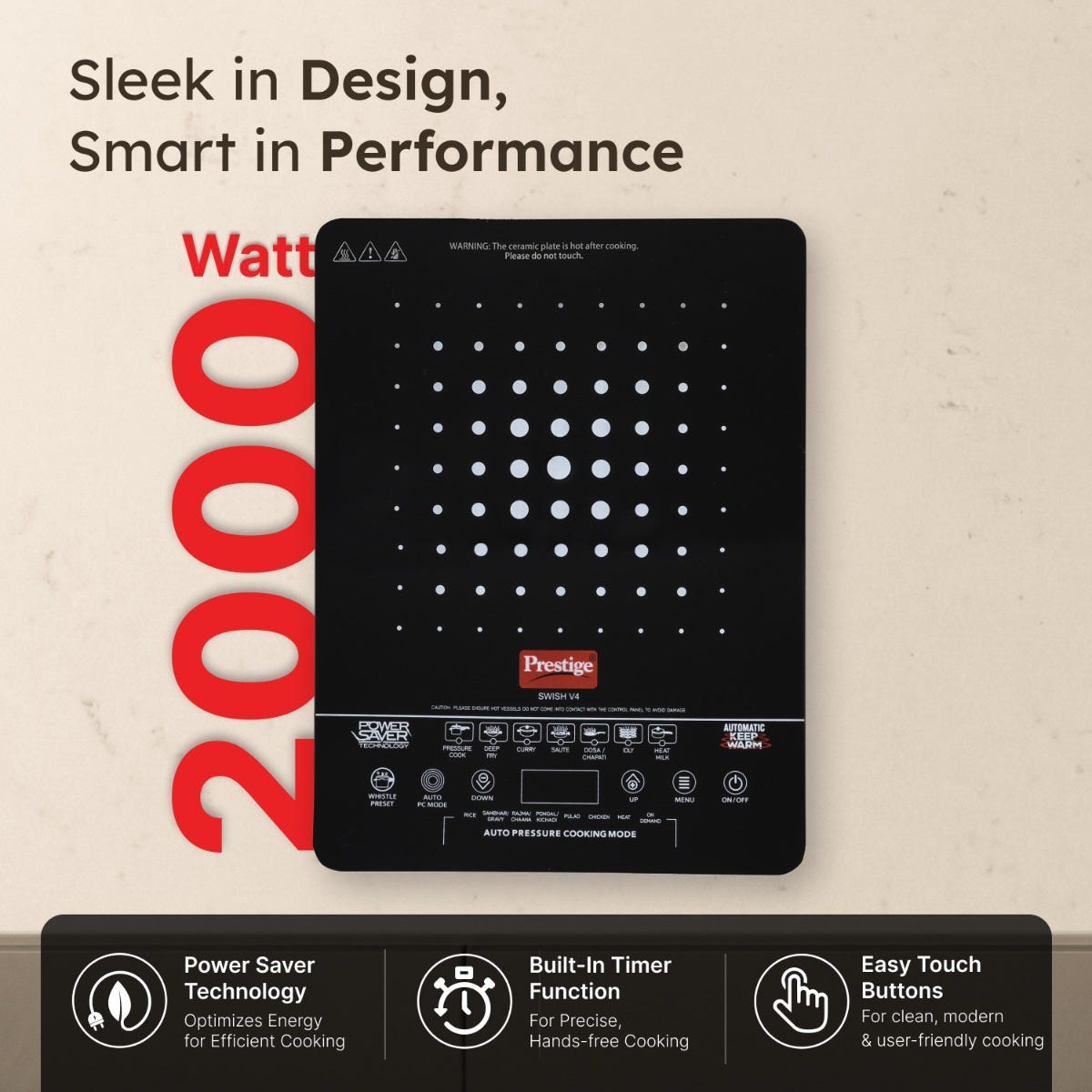 Prestige Swish Induction Cooktop V4 + Prestige Omega Deluxe Granite Alpha 3 Pc BYK Non-Stick Set: Kadai 24cm with Glass Lid, Omni Tawa 28cm, Fry Pan 24cm, Gas & Induction Compatible
