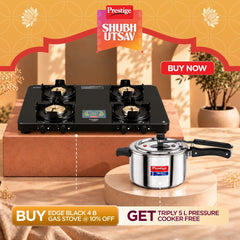 Prestige Edge PEBS 04 4 Burner Manual Gas Stove, Black + Prestige 5 L Tri-Ply Svachh Inner Lid Pressure Cooker, Gas & Induction Compatible, Spillage Control, 5 Years Warranty, Silver