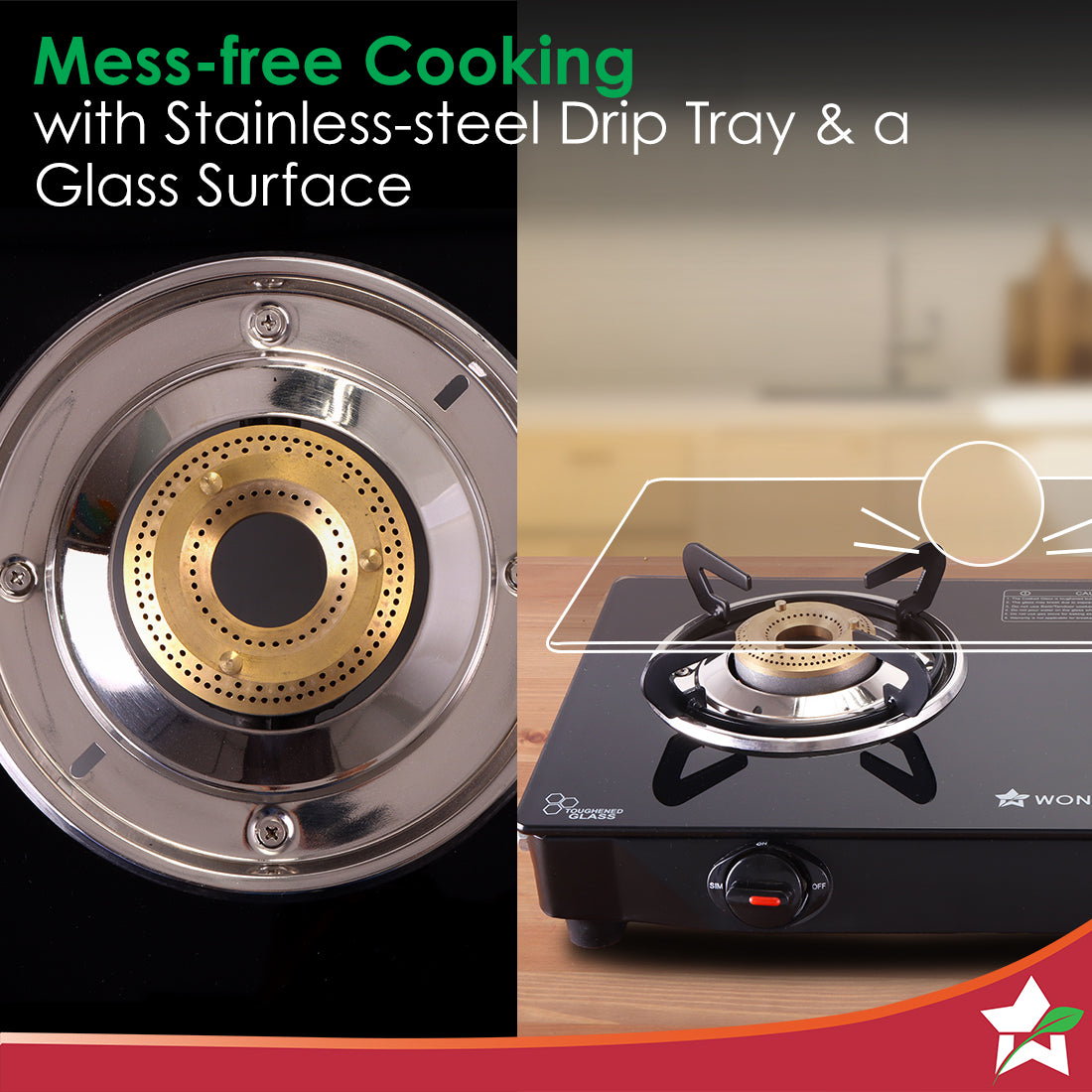 Wonderchef Zest Neo Gas Stove | 2 Burners (1 Medium, 1 Small) | Premium Glass Surface | Space Saving Design | Brass Burn