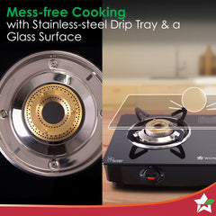 Wonderchef Zest Neo Gas Stove | 2 Burners (1 Medium, 1 Small) | Premium Glass Surface | Space Saving Design | Brass Burn