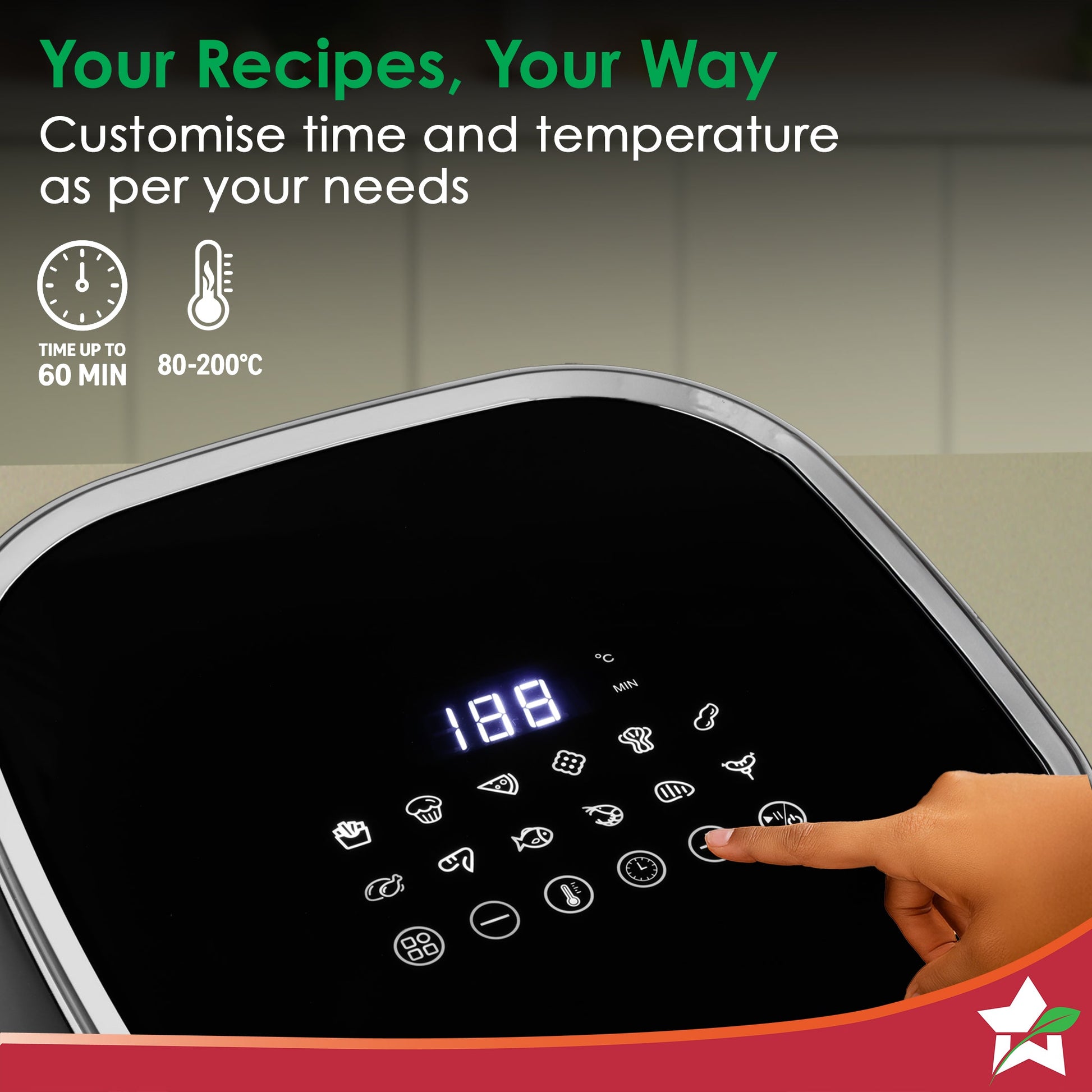 Evita Digital Air Fryer, 1350W, 5 L, Rapid Hot Air Technology, 8 Pre-set Menus, Non-stick Basket, In-built Memory, Customised Time & Temperature Control, Fry, Bake, Grill, 2-Yr Warranty