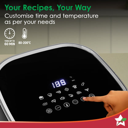 Evita Digital Air Fryer, 1350W, 5 L, Rapid Hot Air Technology, 8 Pre-set Menus, Non-stick Basket, In-built Memory, Customised Time & Temperature Control, Fry, Bake, Grill, 2-Yr Warranty