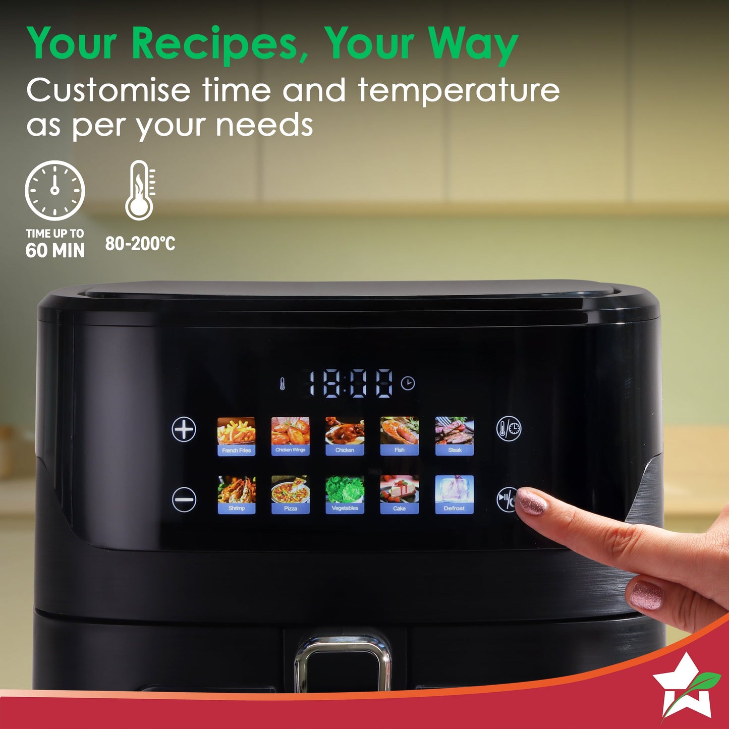 Evita Digital Air Fryer, 1600W, 6.5 L, Rapid Hot Air Technology, 10 Pre-set Menus, Non-stick Basket, In-built Memory, Customised Time & Temperature Control, Fry, Bake, Grill, 2-Yr Warranty