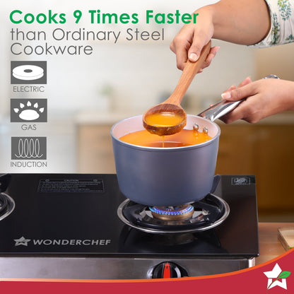 Eco-Glide Saucepan | Chemical-free Ceramic Coating | 16cm, 1.75L | Healthy, Low Oil Meals | Scratch-resistant | Stainless-steel Handle | Gas & Induction Compatible | Grey | Easy to Clean