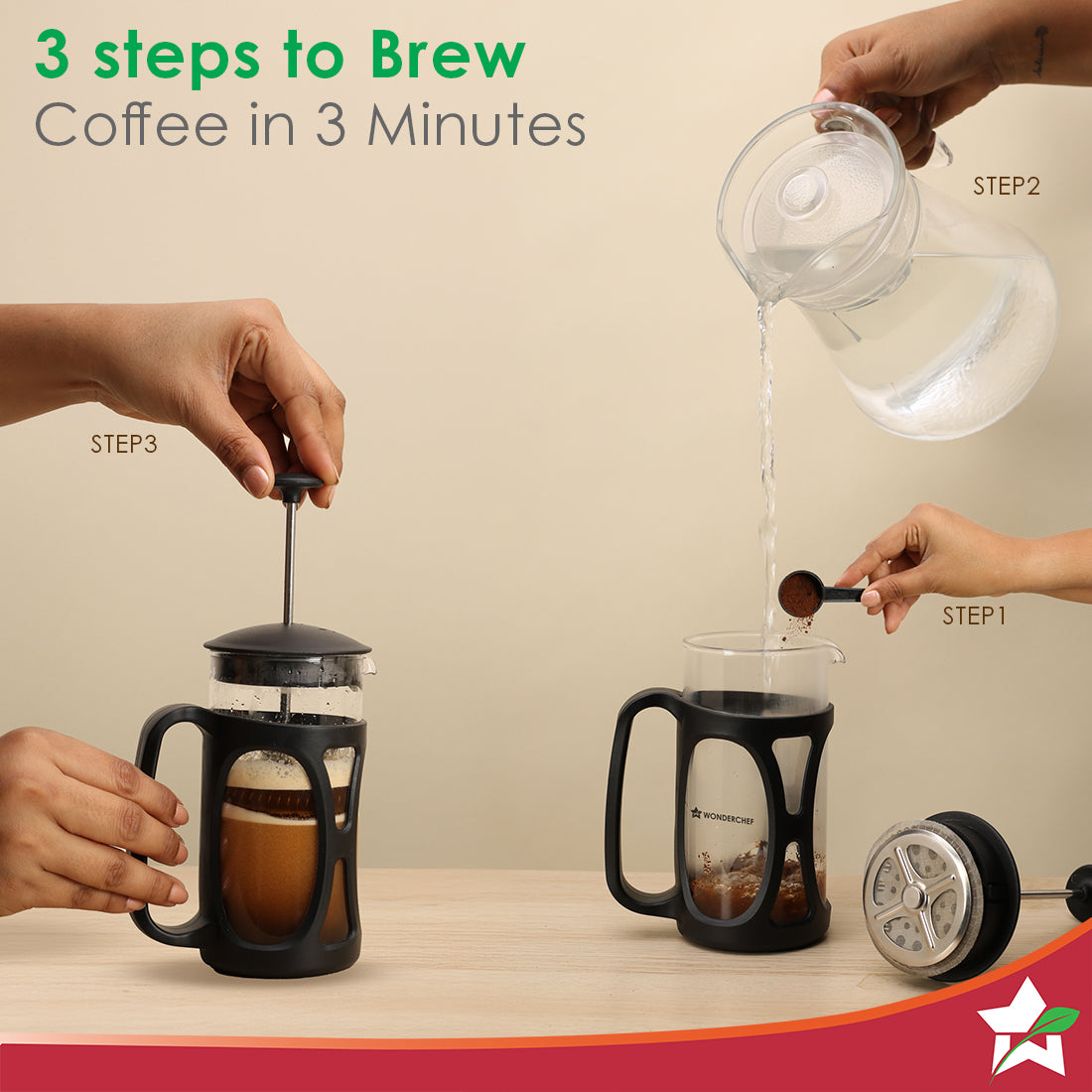 Wonderchef French Press Coffee Maker 350 ml with Milk Frother | Heat Resistant Borosilicate Glass Carafe | 18/8 Stainles