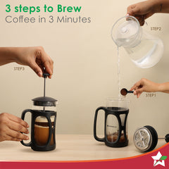 Wonderchef French Press Coffee Maker 350 ml with Milk Frother | Heat Resistant Borosilicate Glass Carafe | 18/8 Stainles