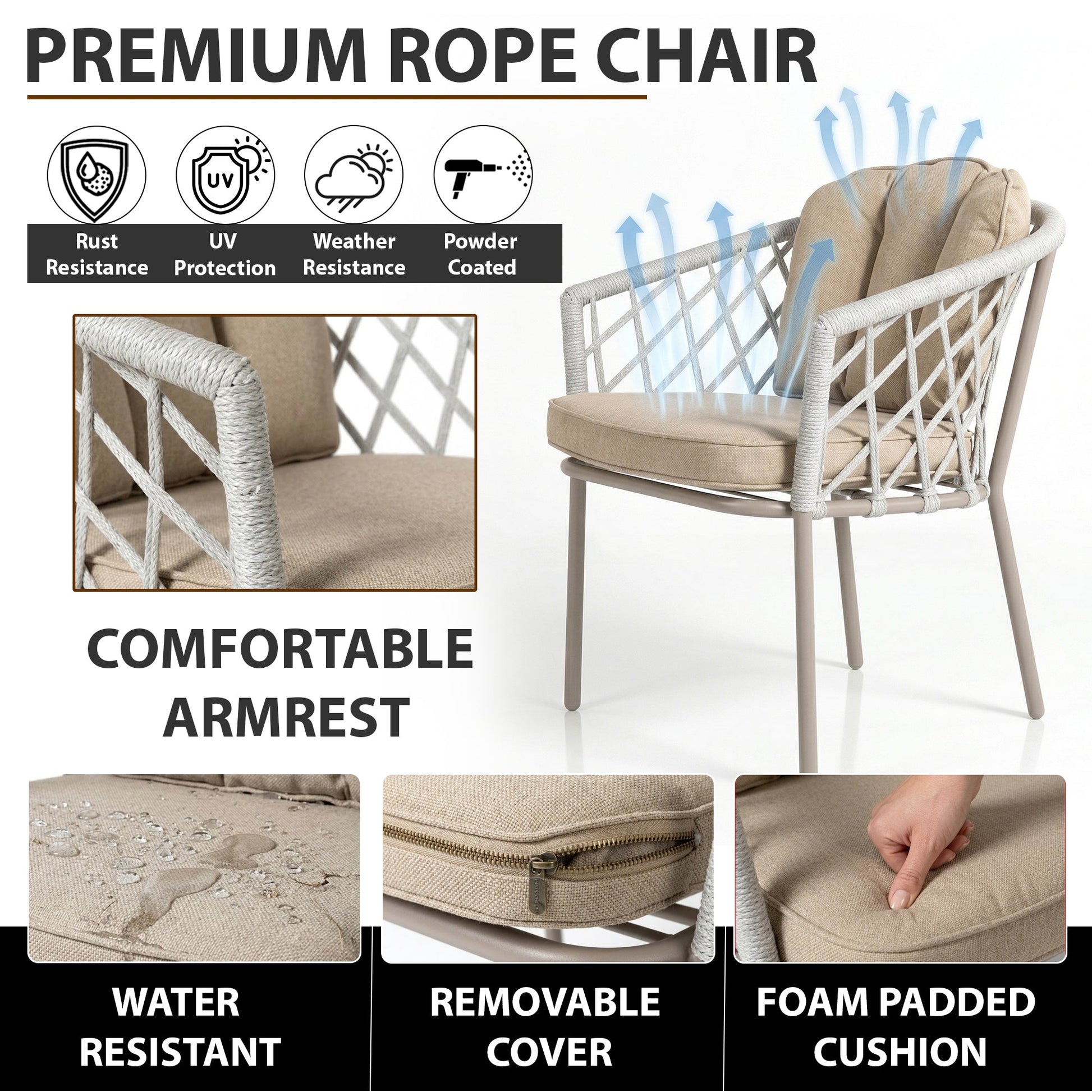 Surfer Outdoor Patio Seating Set 2 Chairs and 1 Table Set (Grey) Braided & Rope
