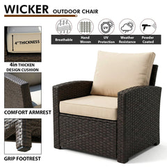 Umile Outdoor Garden Balcony Sofa Set 3 Seater, 2 Single seater, 2 Ottoman and 1 Center Table Conversation Set (Brown)