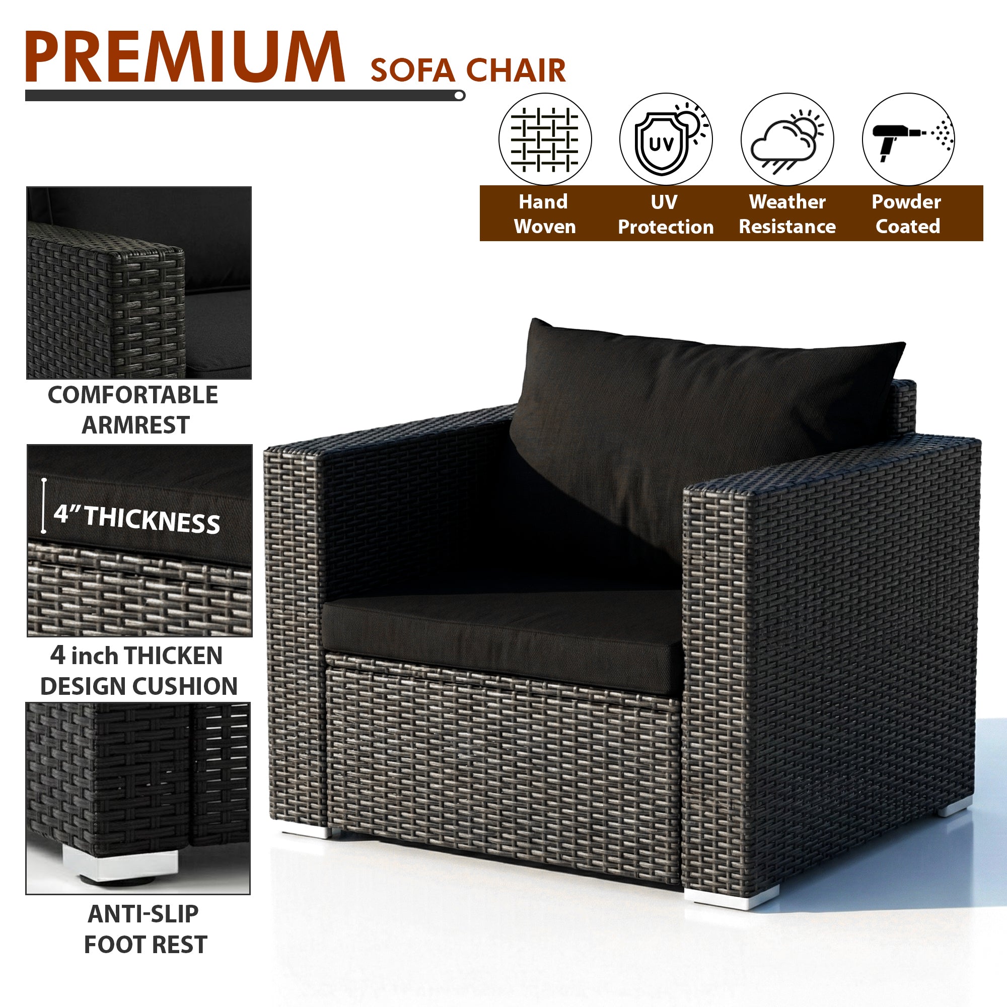 Gracia Outdoor Sofa Set 2 Seater, 2 Single seater and 1 Center Table (Black)