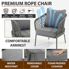 Filix Outdoor Patio Seating Set 2 Chairs and 1 Table Set (Grey) Braided & Rope