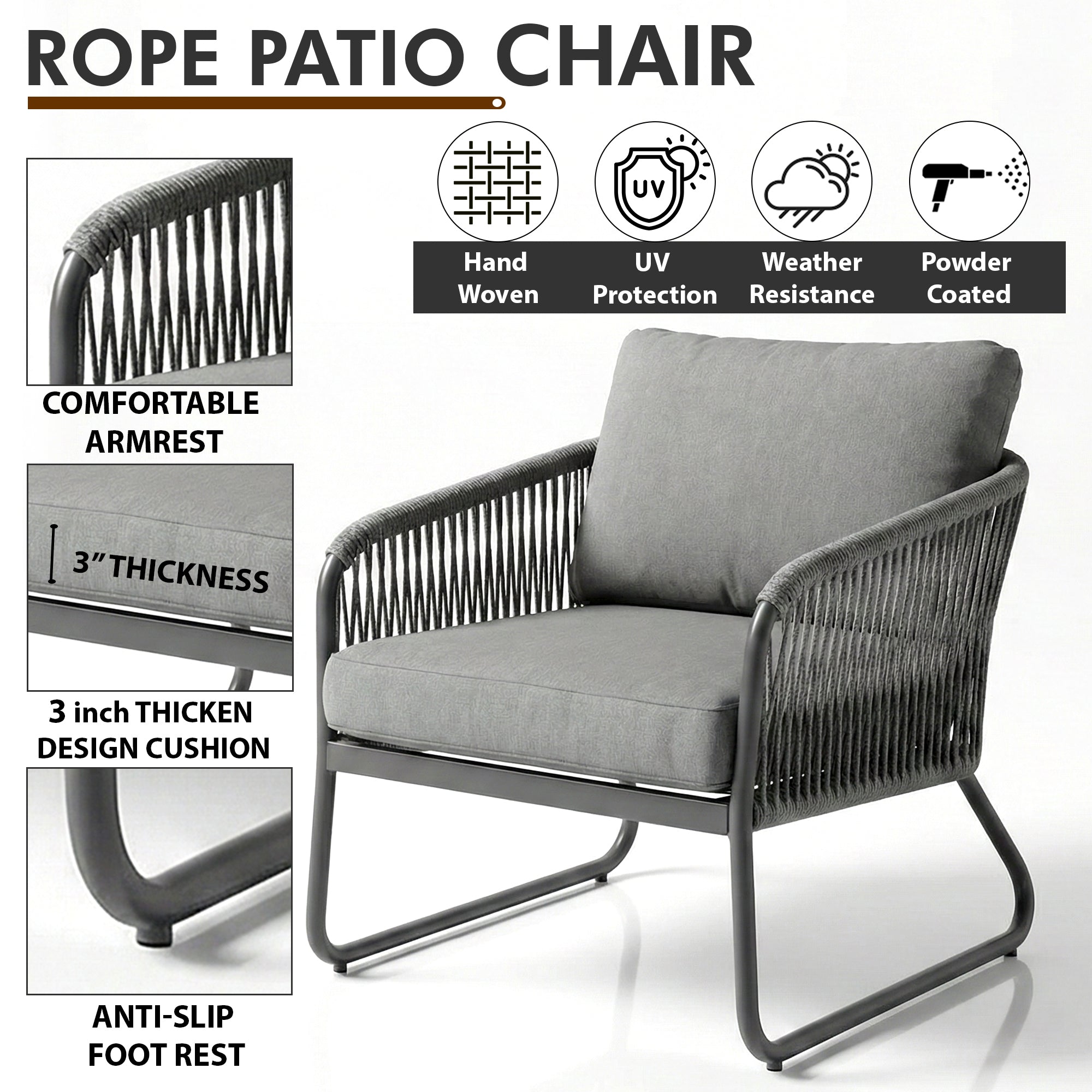 Casu Outdoor Garden Balcony Sofa Set 2 Seater, 2 Single seater and 1 Center Table Set, Braid & Rope (Grey)