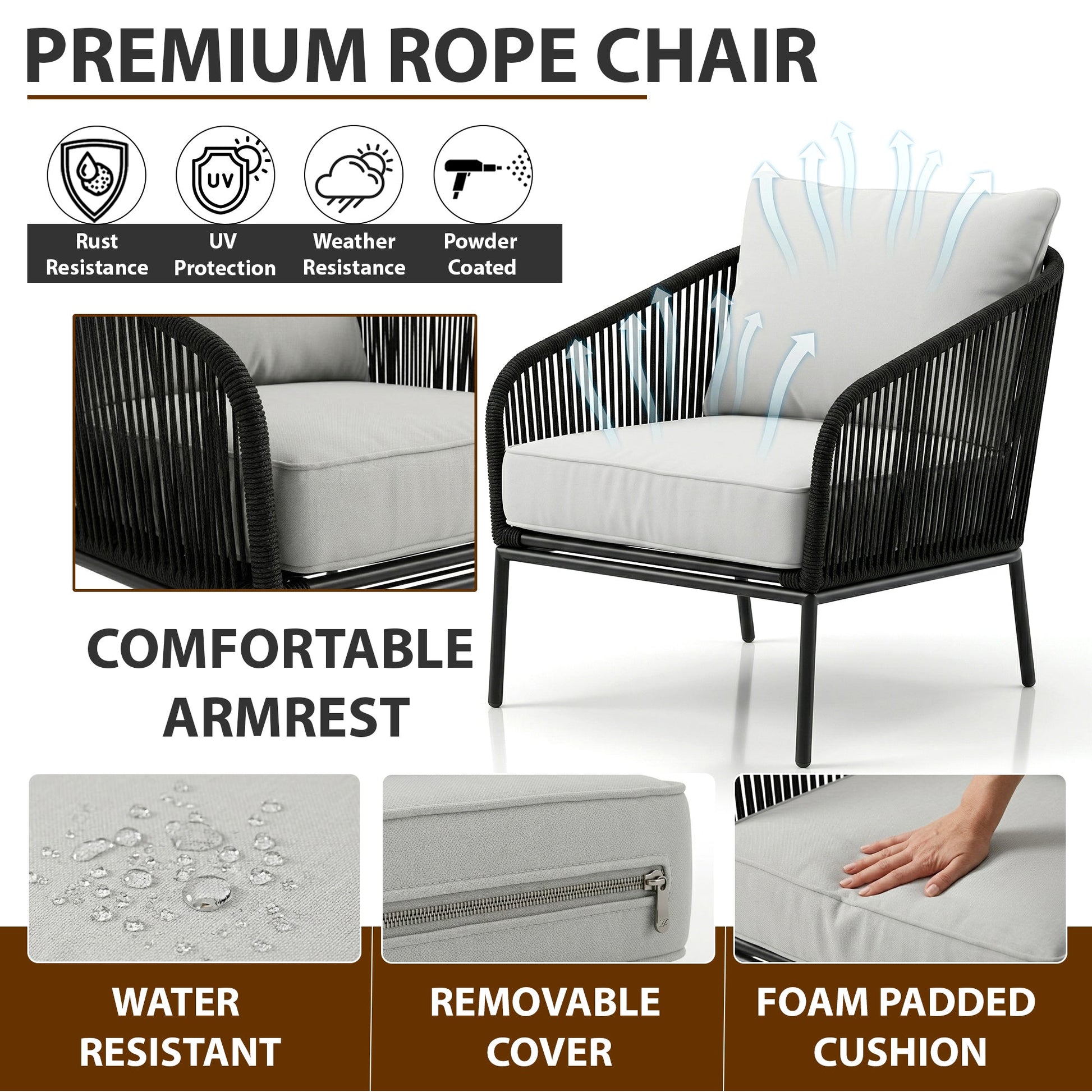 Alwin Outdoor Patio Seating Set 2 Chairs and 1 Table Set (Black) Braided And Rope