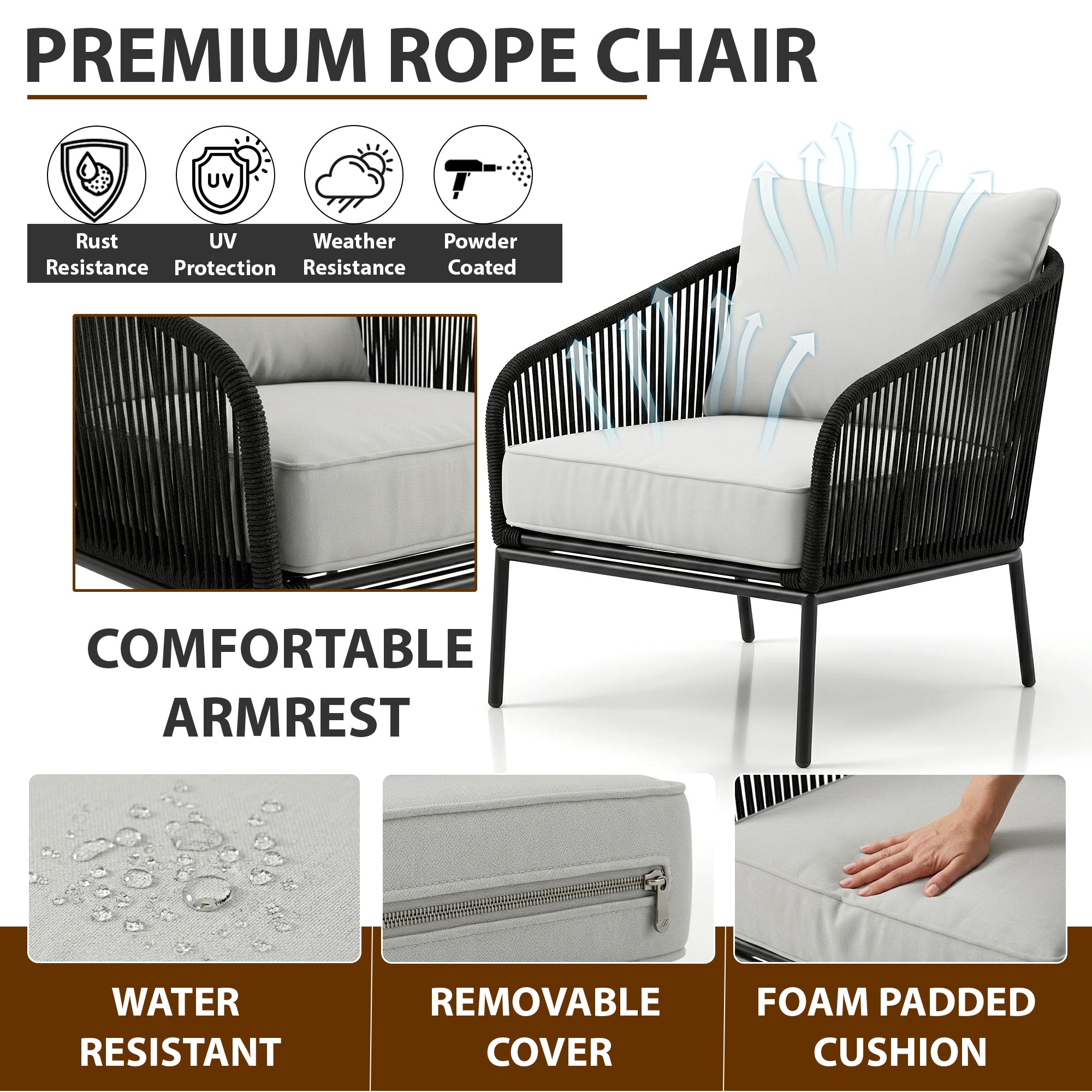 Alwin Outdoor Patio Seating Set 2 Chairs and 1 Table Set (Black) Braided And Rope