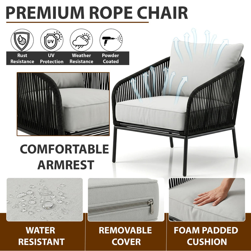 Alwin Outdoor Patio Seating Set 2 Chairs and 1 Table Set (Black) Braided And Rope