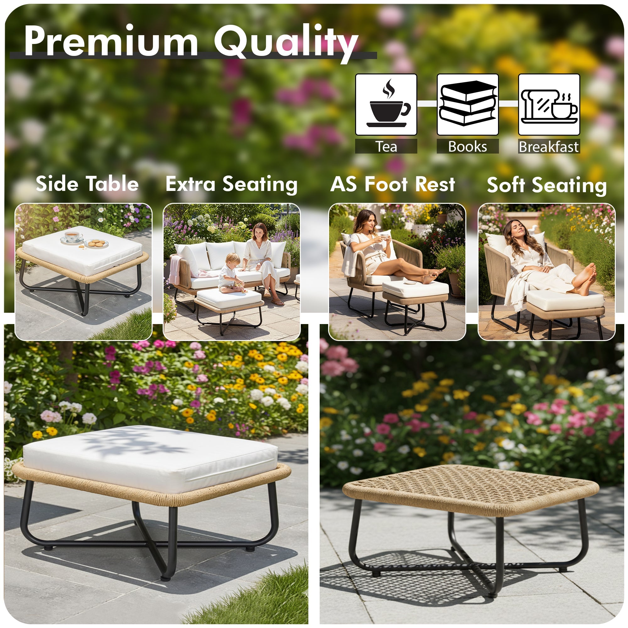 Kuub Outdoor Sofa Set 3 Seater, 2 Single seater,2 Ottoman(Tan)