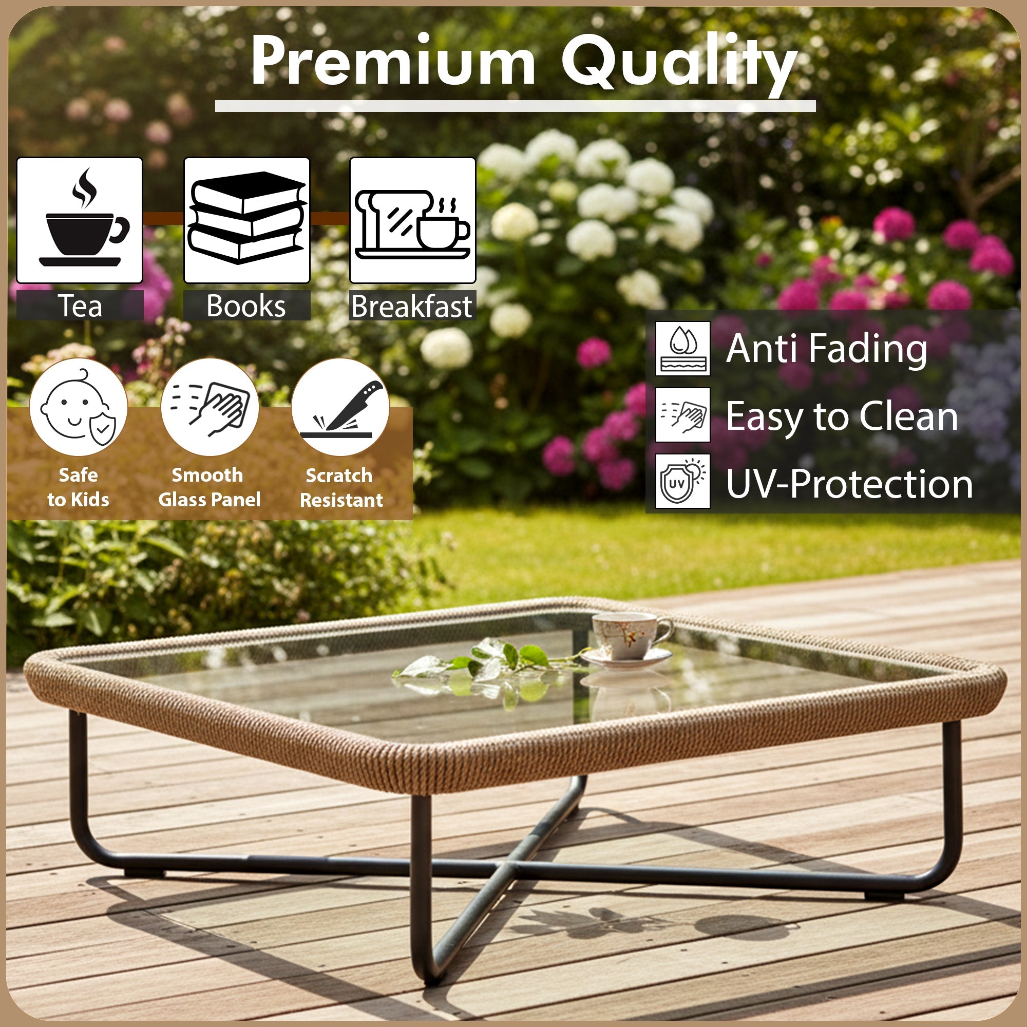 Kenly Outdoor Sofa Set 2 Seater, 2 Single seater and 1 Center Table with ottoman (Tan) Braided & Rope