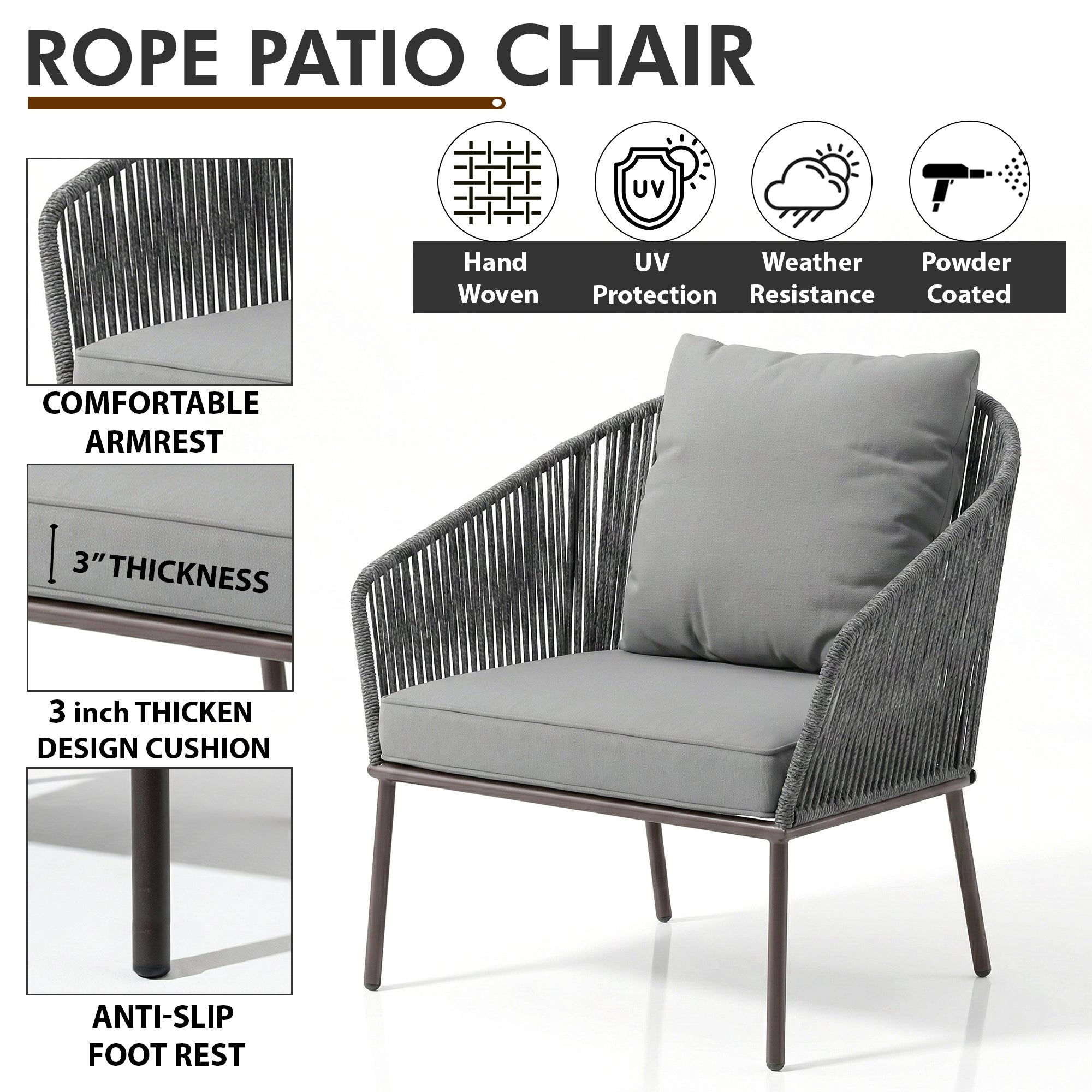 Shed Outdoor Sofa Set 3 Seater , 2 Single seater and 1 Center Table Set (Dark grey) Braided & Rope