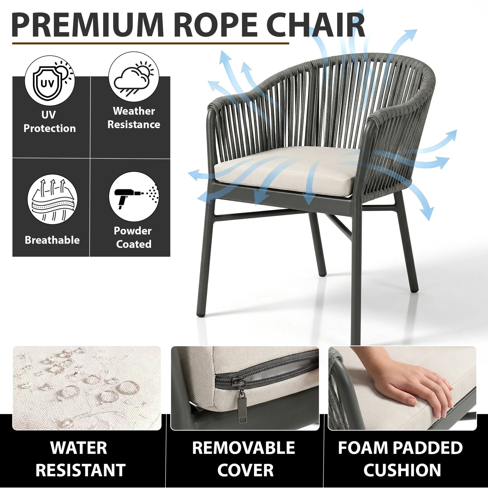 Remame Outdoor Patio Seating Set 2 Chairs and 1 Table Set (Grey) Braided & Rope