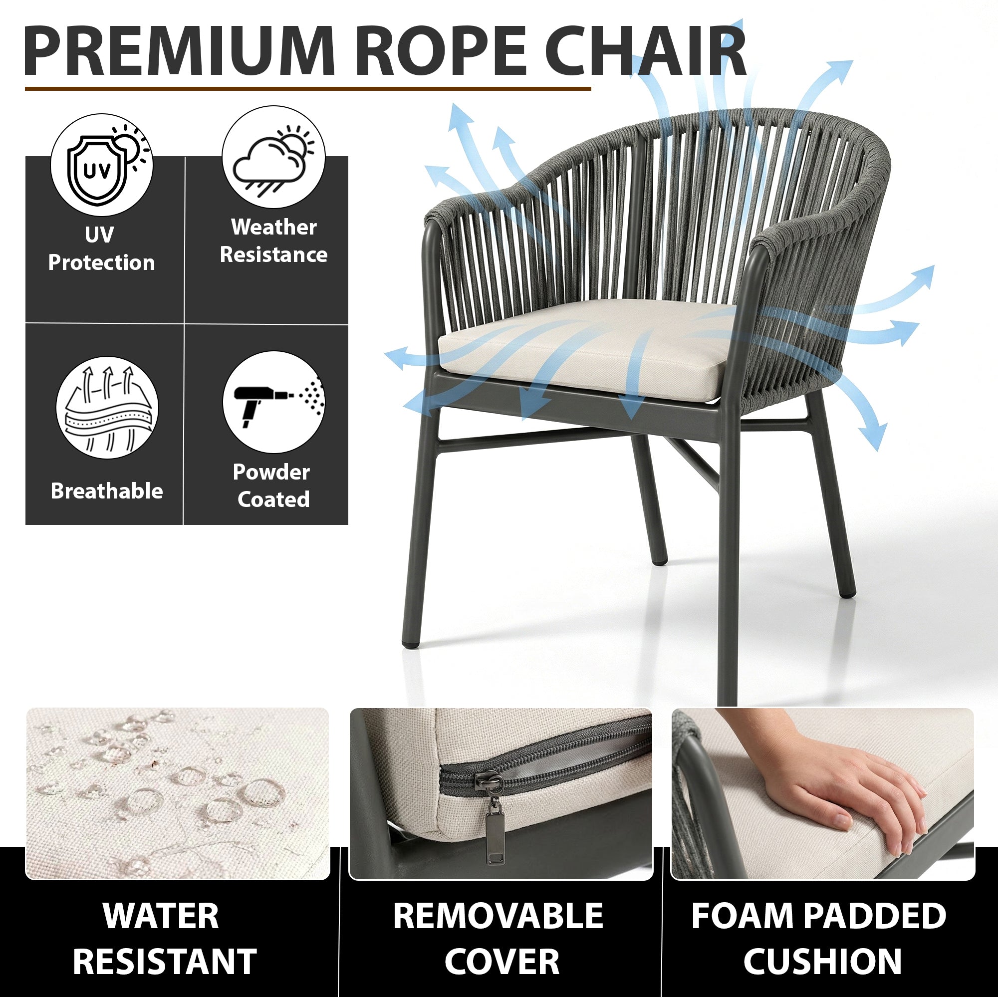 Remame Outdoor Patio Seating Set 2 Chairs and 1 Table Set (Grey) Braided & Rope