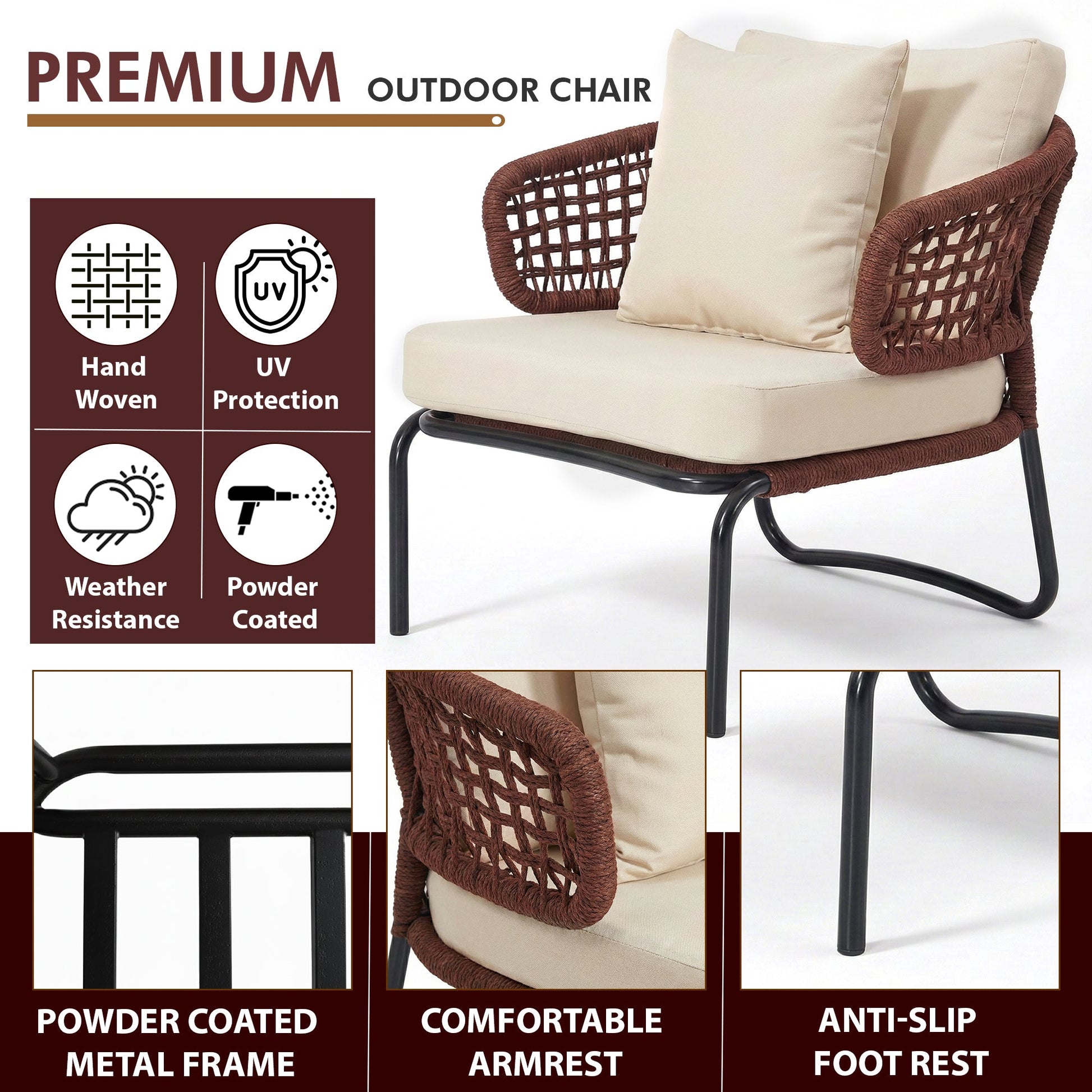 Riba Outdoor Sofa Set 3 Seater , 2 Single seater and 1 Center Table Set (Cream) Braided & Rope