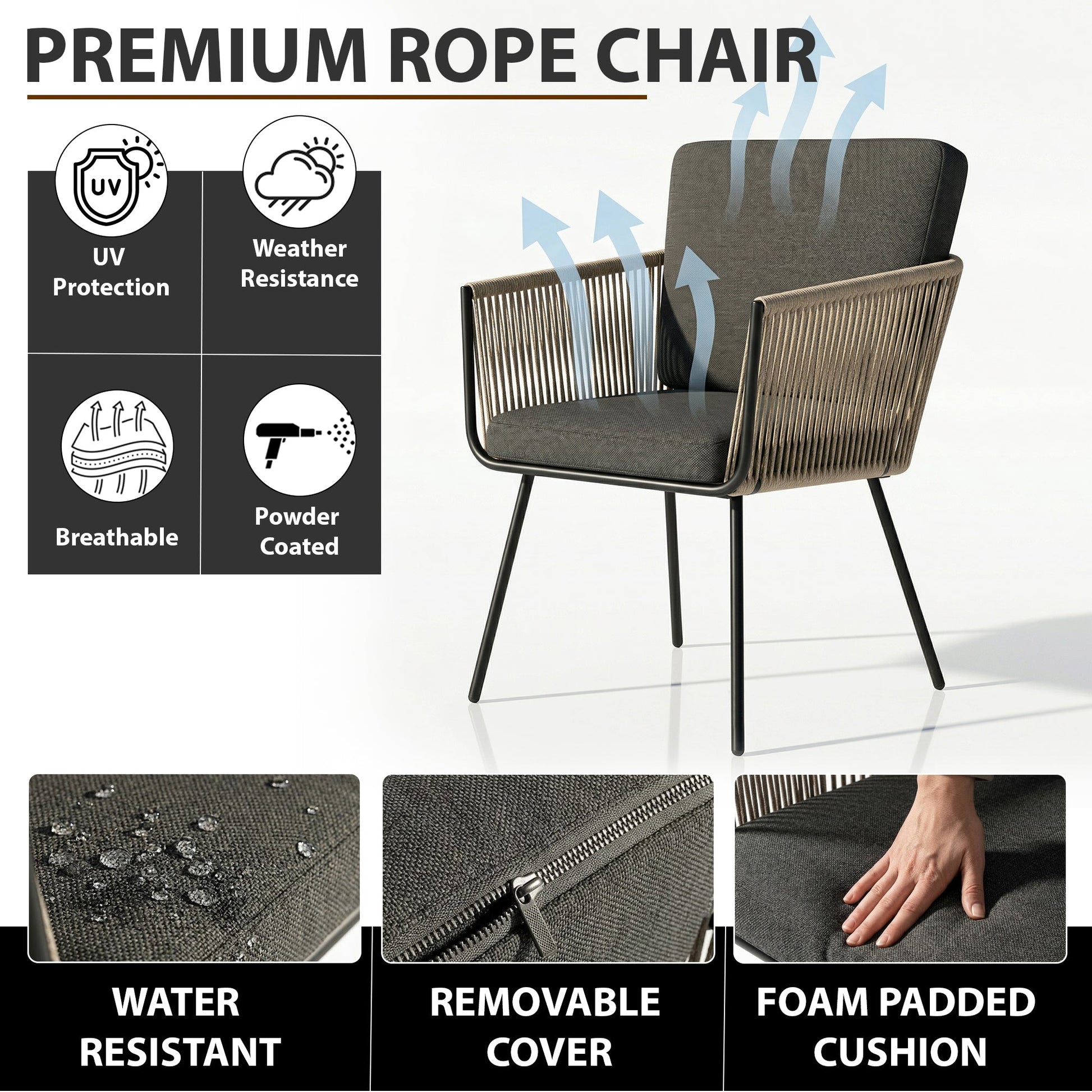 Odila Outdoor Patio Seating Set 2 Chairs and 1 Table Set (GREY+BROWN) Braided & Rope
