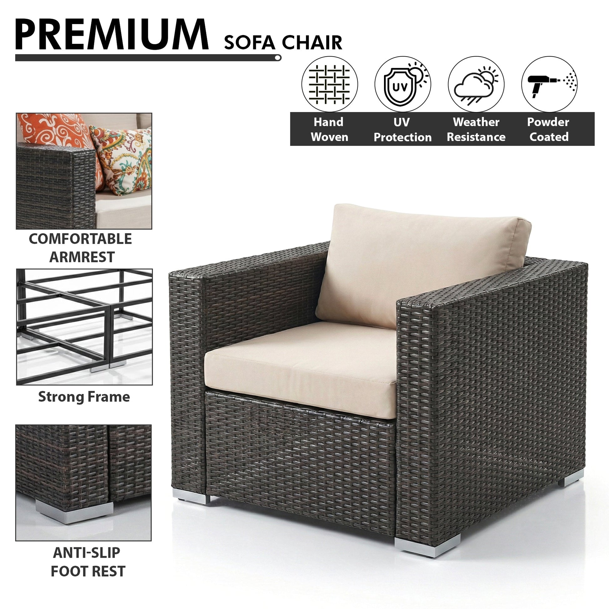 Mimi Outdoor Garden Balcony Sofa Set  4 Seater, 2 Single Seater with 2 ottoman and 1 Center Table Set (Brown)
