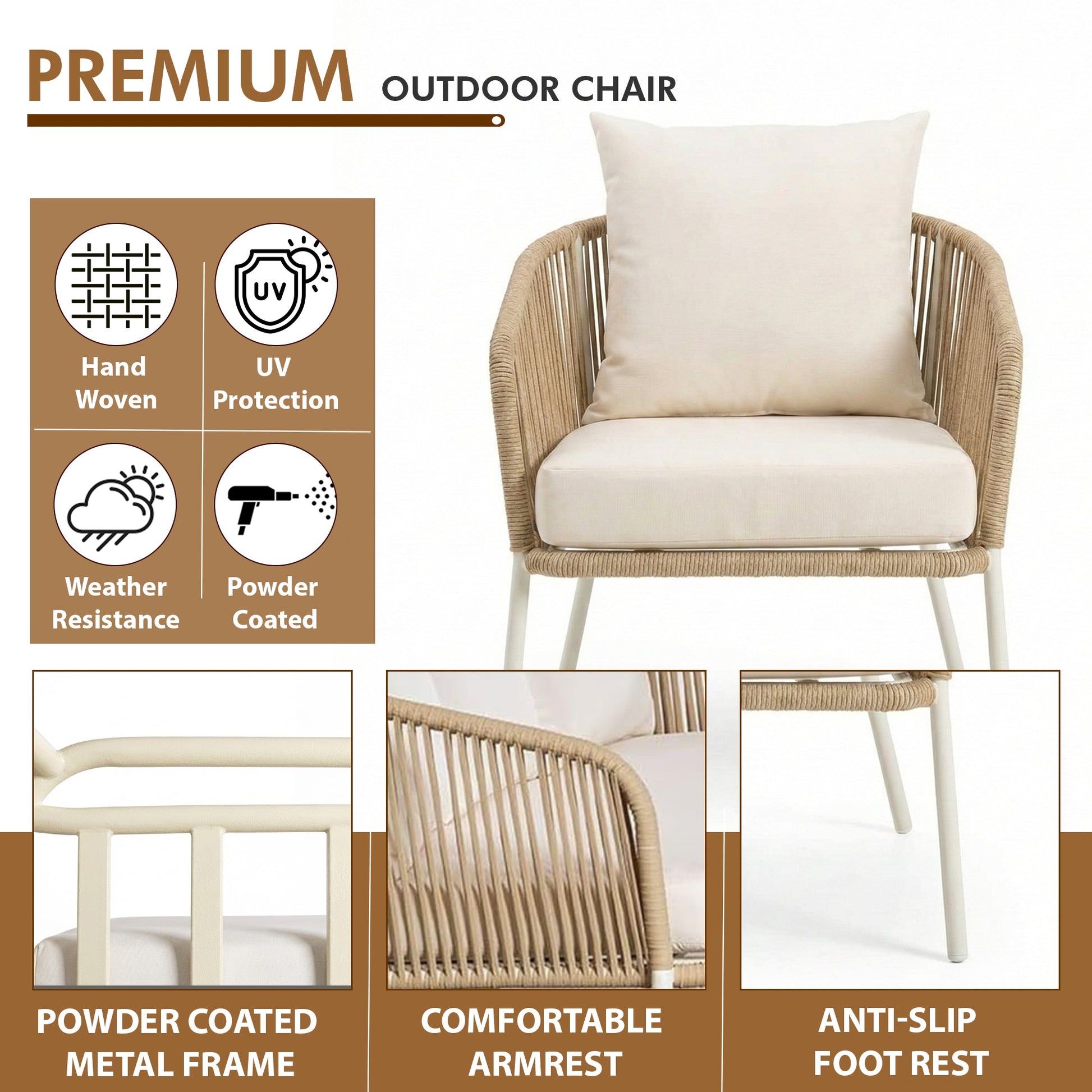 Rumi Outdoor Garden Balcony Sofa Set 3 Seater , 2 Single Seater 1 Center Table Set (White-Beige) Braided and Rope