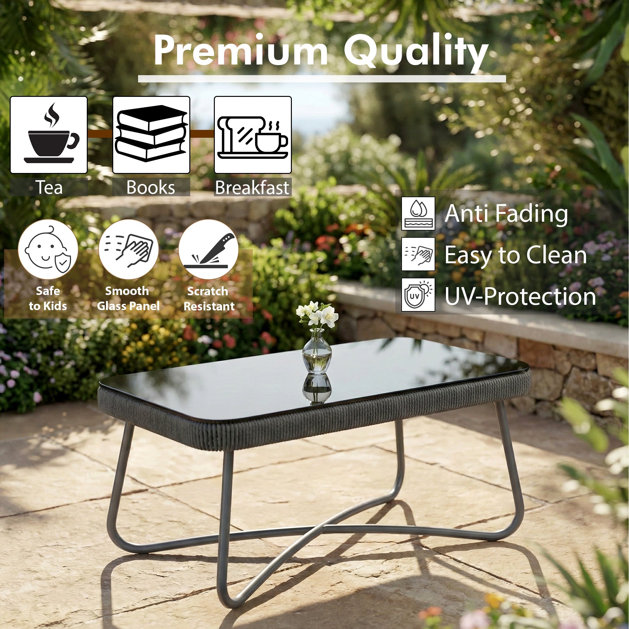 Castolo Outdoor Garden Balcony Sofa Set 3 Seater, 2 Single Seater 1 Ottoman and 1 Center Table Set Braid & Rope (Grey)