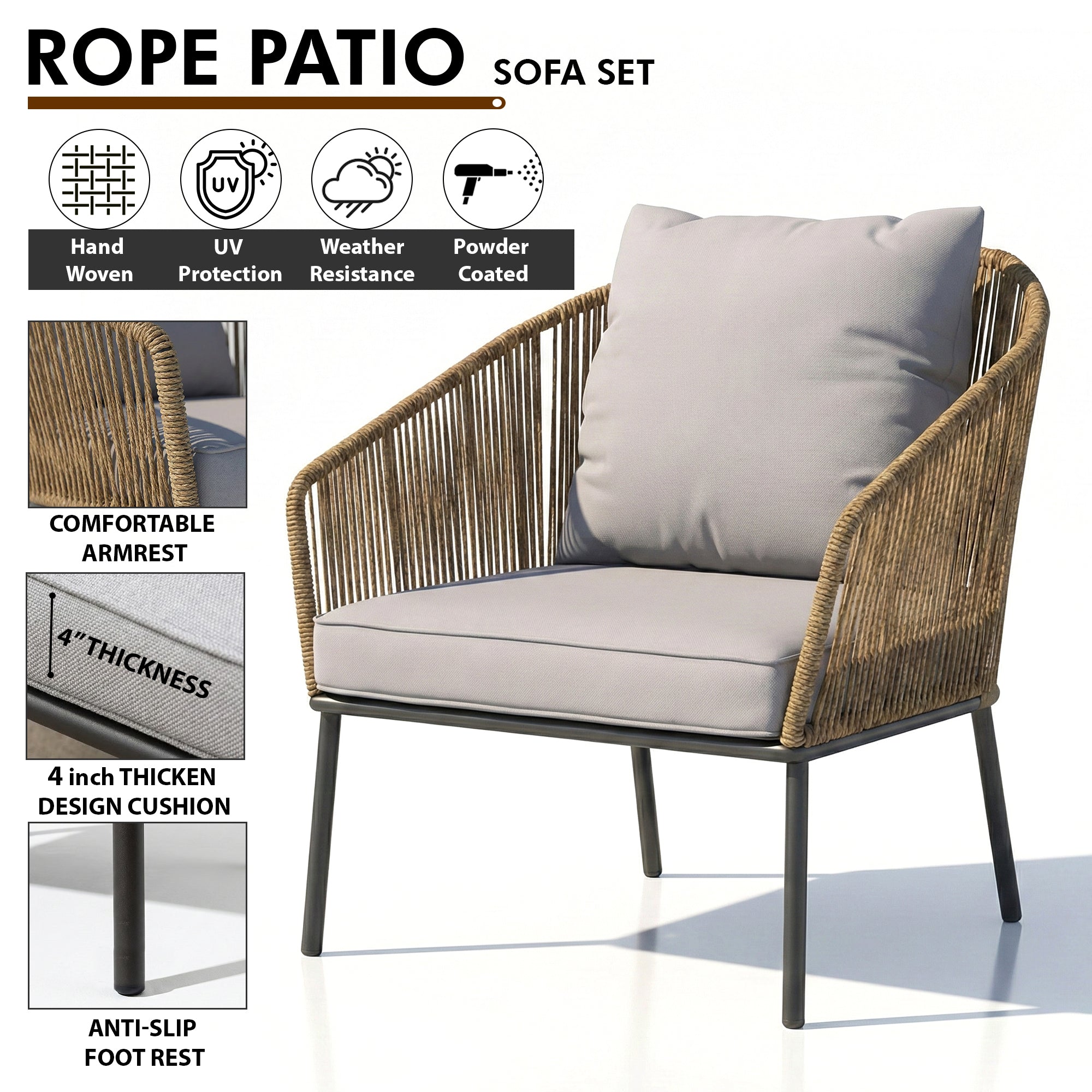 Goons Outdoor Sofa Set 3 Seater , 2 Single seater and 1 Center Table Set (Khaki) Braided & Rope
