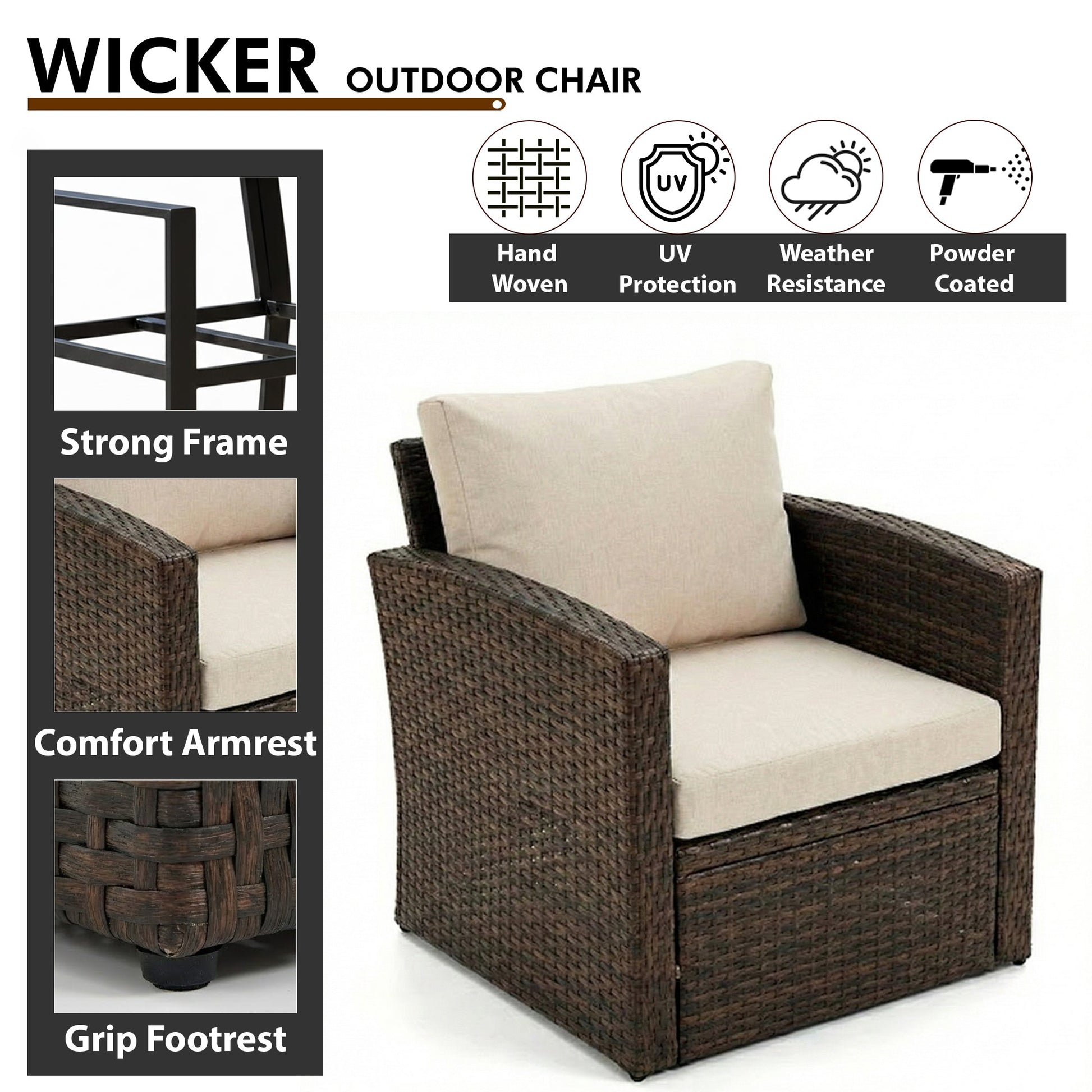 Coye Outdoor Garden Balcony Sofa Set 3 Seater, 2 Seater With 2 Single Seater and 1 Center Table With 1 Side Table Set (Brown)