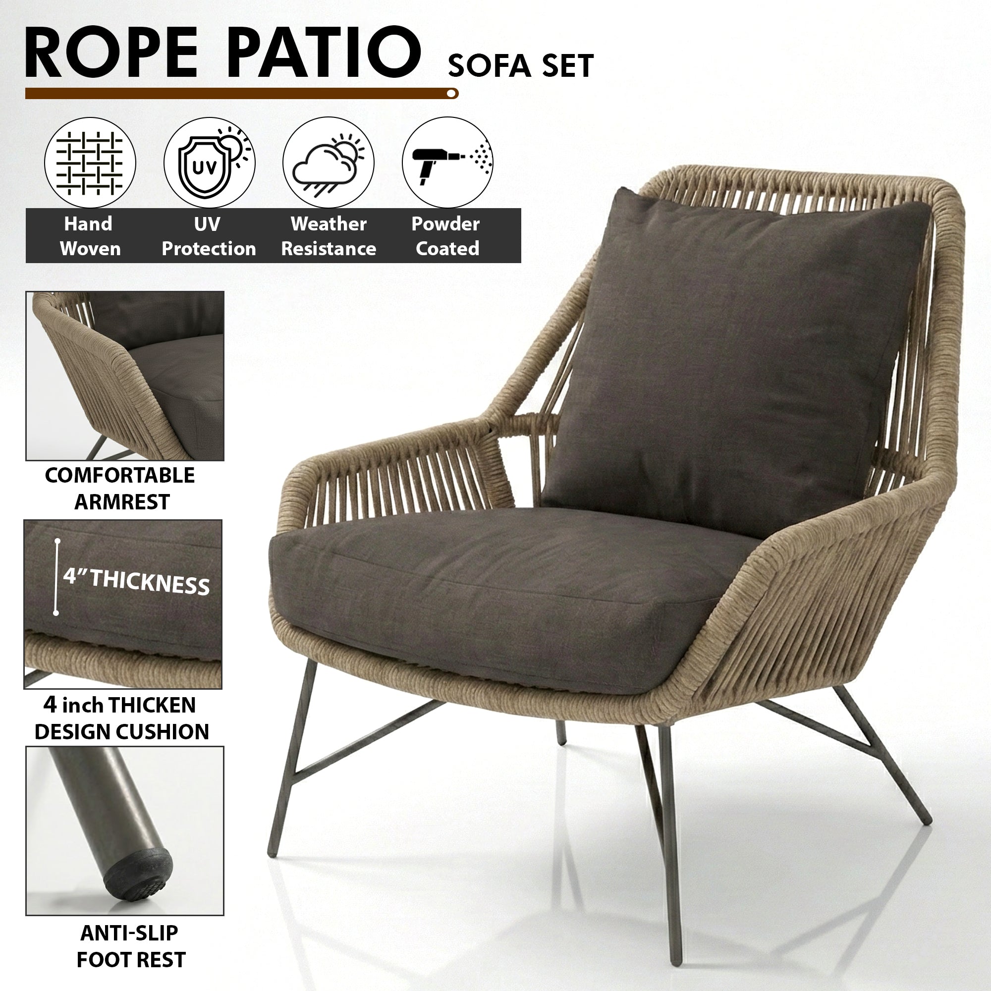 Zalit Outdoor Garden Balcony Sofa Set 3 Seater , 2 Single Seater 1 Center Table Set (Browm-Beige) Braided and Rope