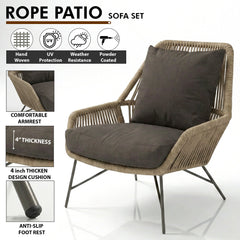 Zalit Outdoor Garden Balcony Sofa Set 3 Seater , 2 Single Seater 1 Center Table Set (Browm-Beige) Braided and Rope