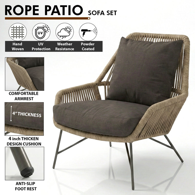 Zalit Outdoor Garden Balcony Sofa Set 3 Seater , 2 Single Seater 1 Center Table Set (Browm-Beige) Braided and Rope