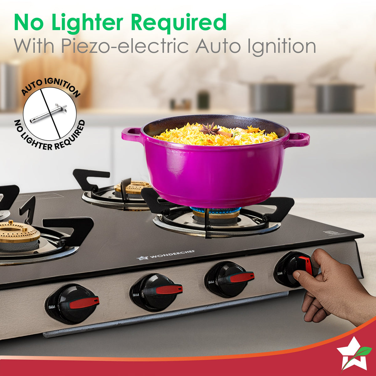Wonderchef Galaxy Auto-Ignition 4 Brass Burner Gas Stove, LPG Gas Stove for Kitchen, No Lighter Needed, ISI Toughened Gl