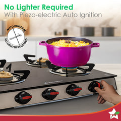 Wonderchef Galaxy Auto-Ignition 4 Brass Burner Gas Stove, LPG Gas Stove for Kitchen, No Lighter Needed, ISI Toughened Gl