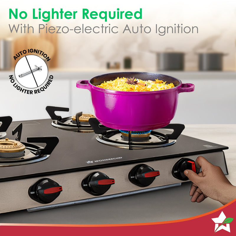 Wonderchef Galaxy Auto-Ignition 4 Brass Burner Gas Stove, LPG Gas Stove for Kitchen, No Lighter Needed, ISI Toughened Gl