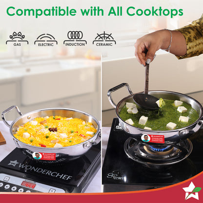 Stella Triply Stainless Steel Kadhai with Lid | 20 cm, 1.6 Litres | Compatible with Gas Stove, Induction, Ceramic Cooktop | Non-toxic | Heavy-duty Handle | 10-year Warranty