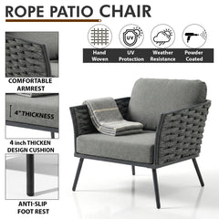 Belly Outdoor Garden Balcony Sofa Set 3 Seater,2 seater and Single Seater With 1 Table Set, Braid & Rope (Grey)