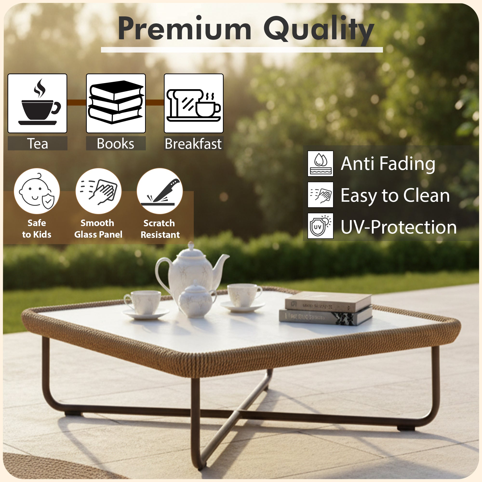 Elix Outdoor Sofa Set 2 Seater, 2 Single seater and 1 Center Table with ottoman (Tan) Braided & Rope