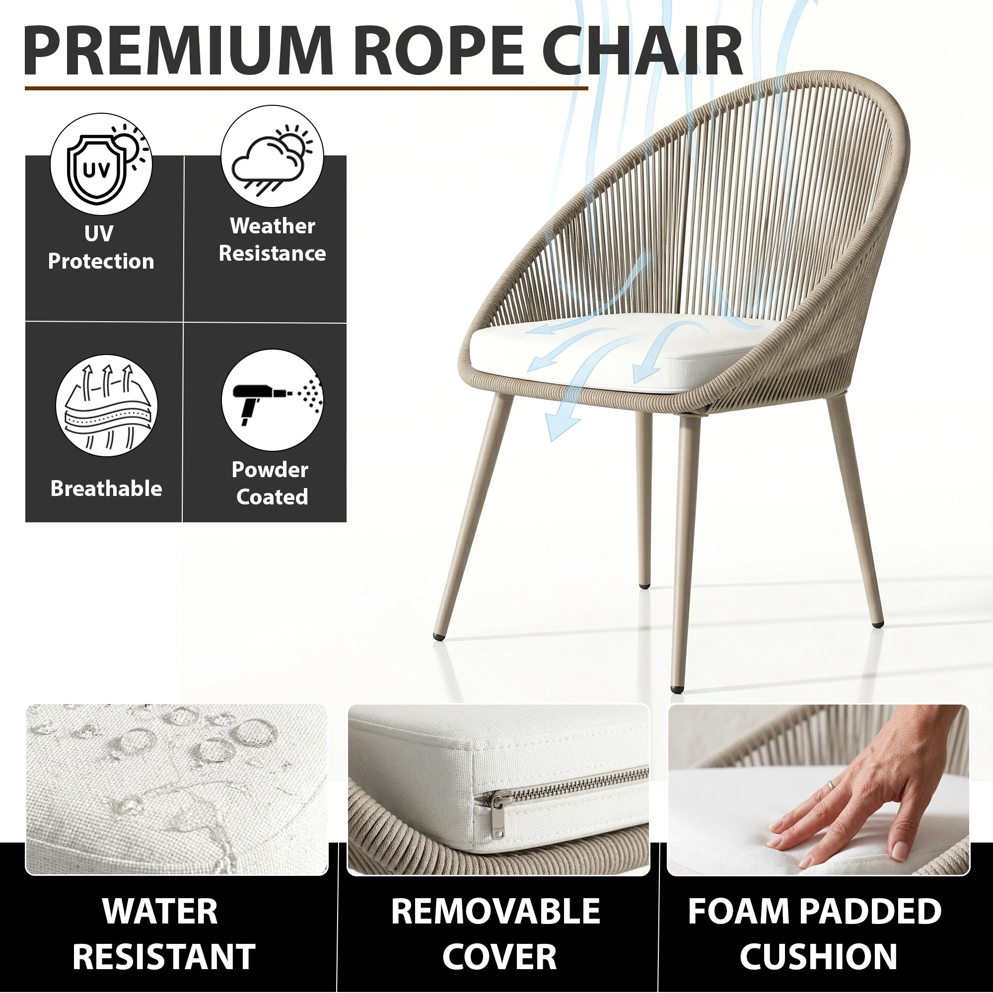 Molo Outdoor Patio Seating Set 2 Chairs and 1 Table Set (Beige) Braided & Rope