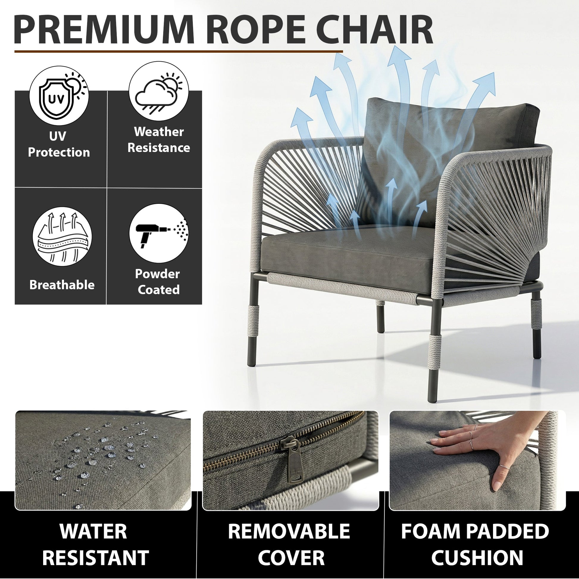 Werner Outdoor Patio Seating Set 2 Chairs and 1 Table Set (GREY) Braided & Rope