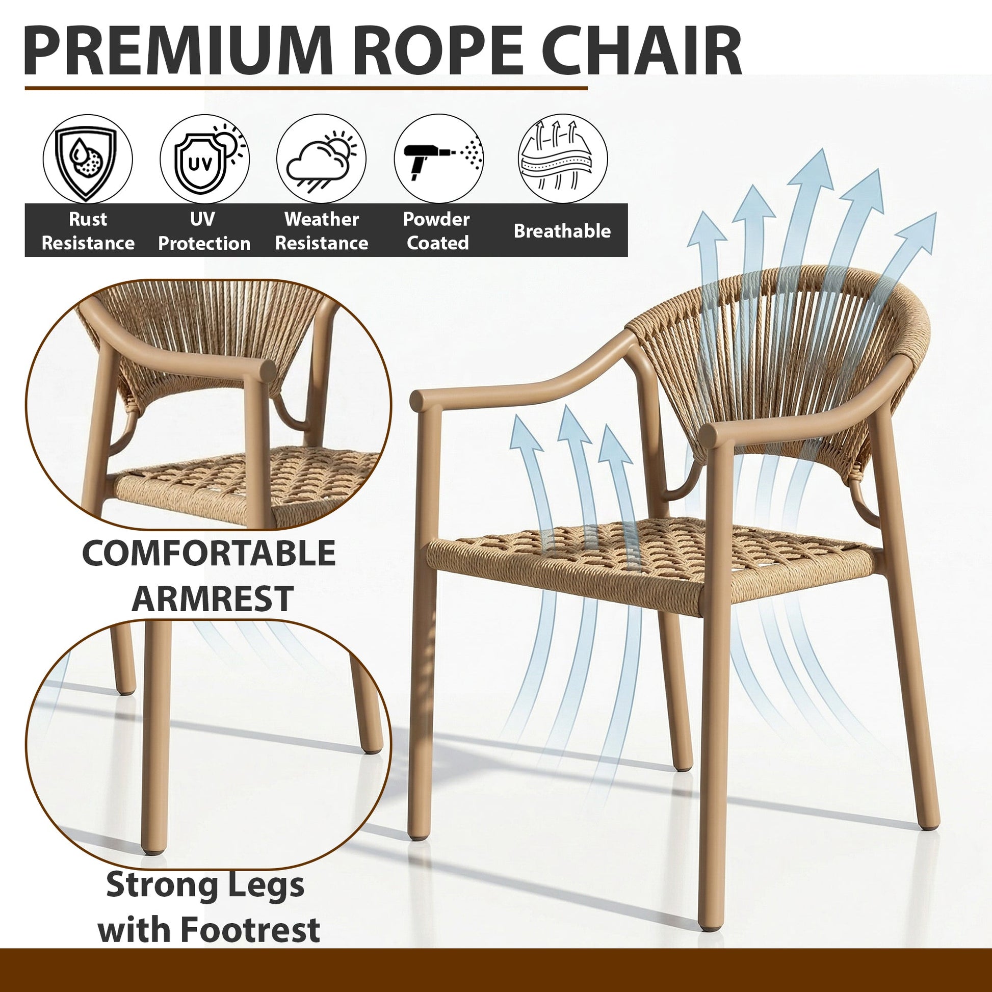 Ikra Outdoor Patio Seating Set 2 Chairs and 1 Table Set (Beige) Braided & Rope