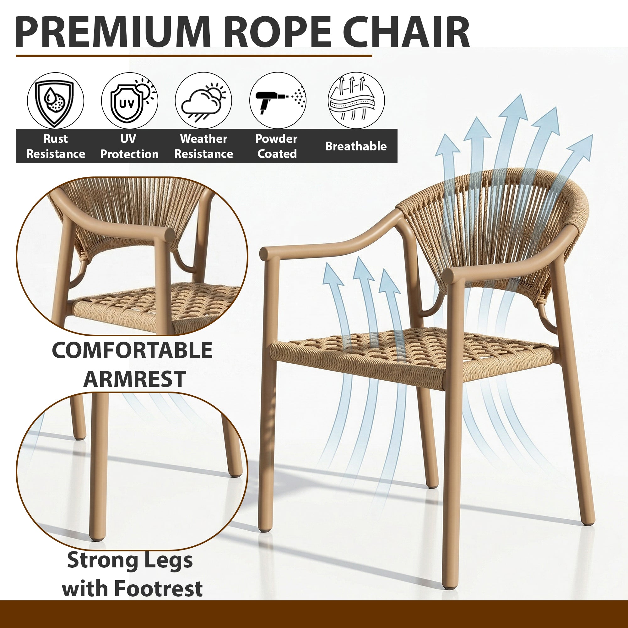 Ikra Outdoor Patio Seating Set 2 Chairs and 1 Table Set (Beige) Braided & Rope