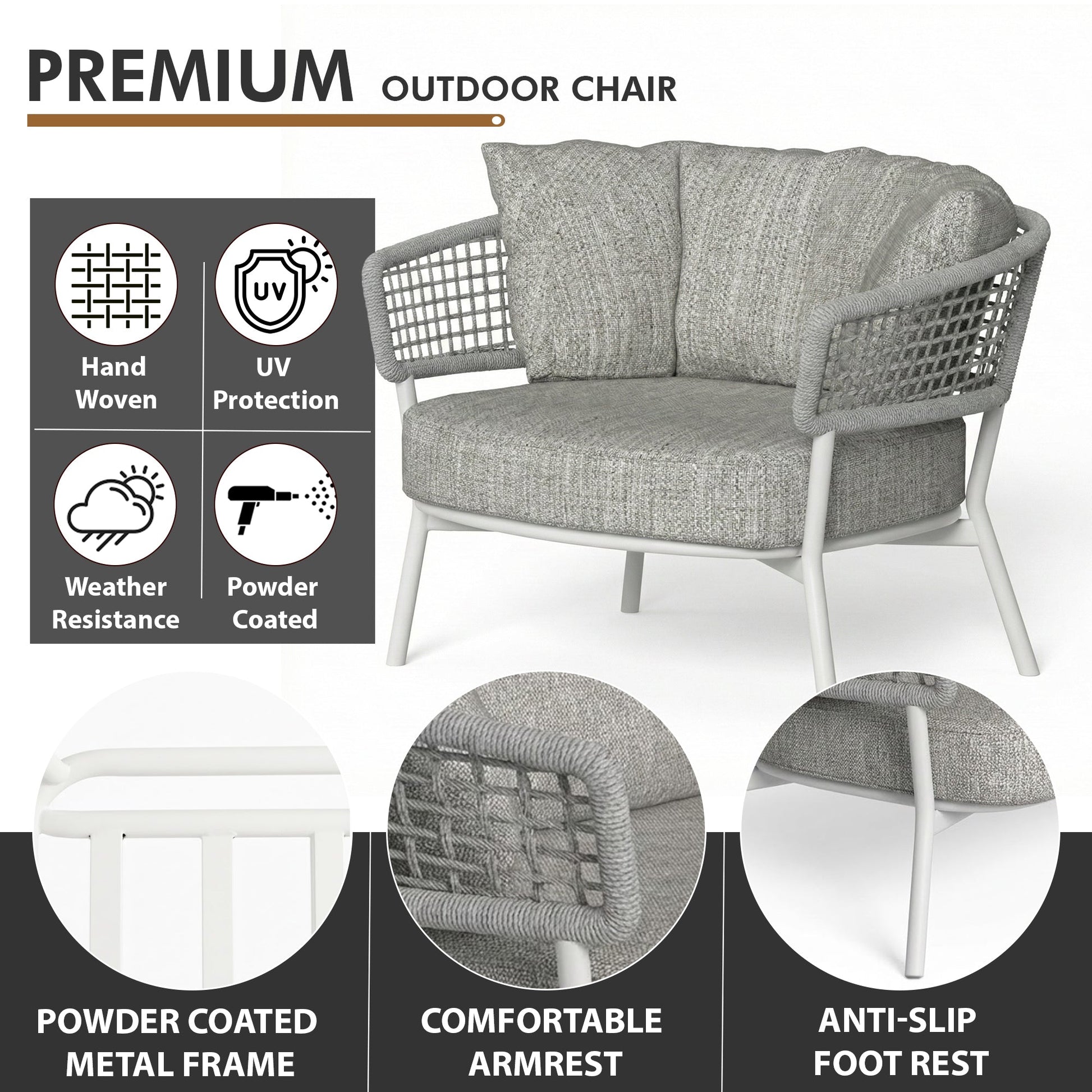 Zion Outdoor Sofa Set 3 Seater , 2 Single seater and 1 Center Table Set (Grey) Braided & Rope