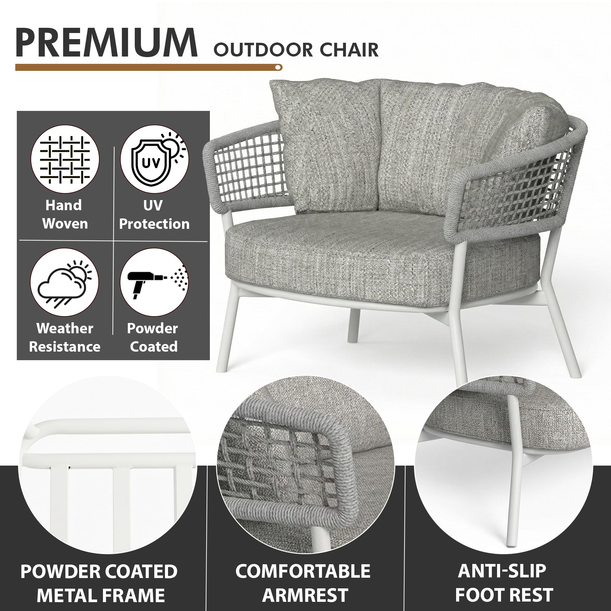 Zion Outdoor Sofa Set 3 Seater , 2 Single seater and 1 Center Table Set (Grey) Braided & Rope