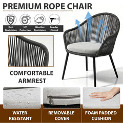 Conti Outdoor Patio Seating Set 2 Chairs and 1 Table Set (Grey) Braided & Rope