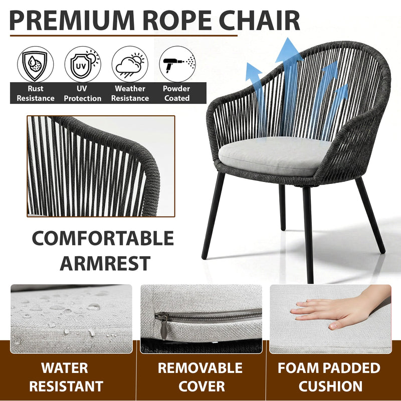 Conti Outdoor Patio Seating Set 2 Chairs and 1 Table Set (Grey) Braided & Rope