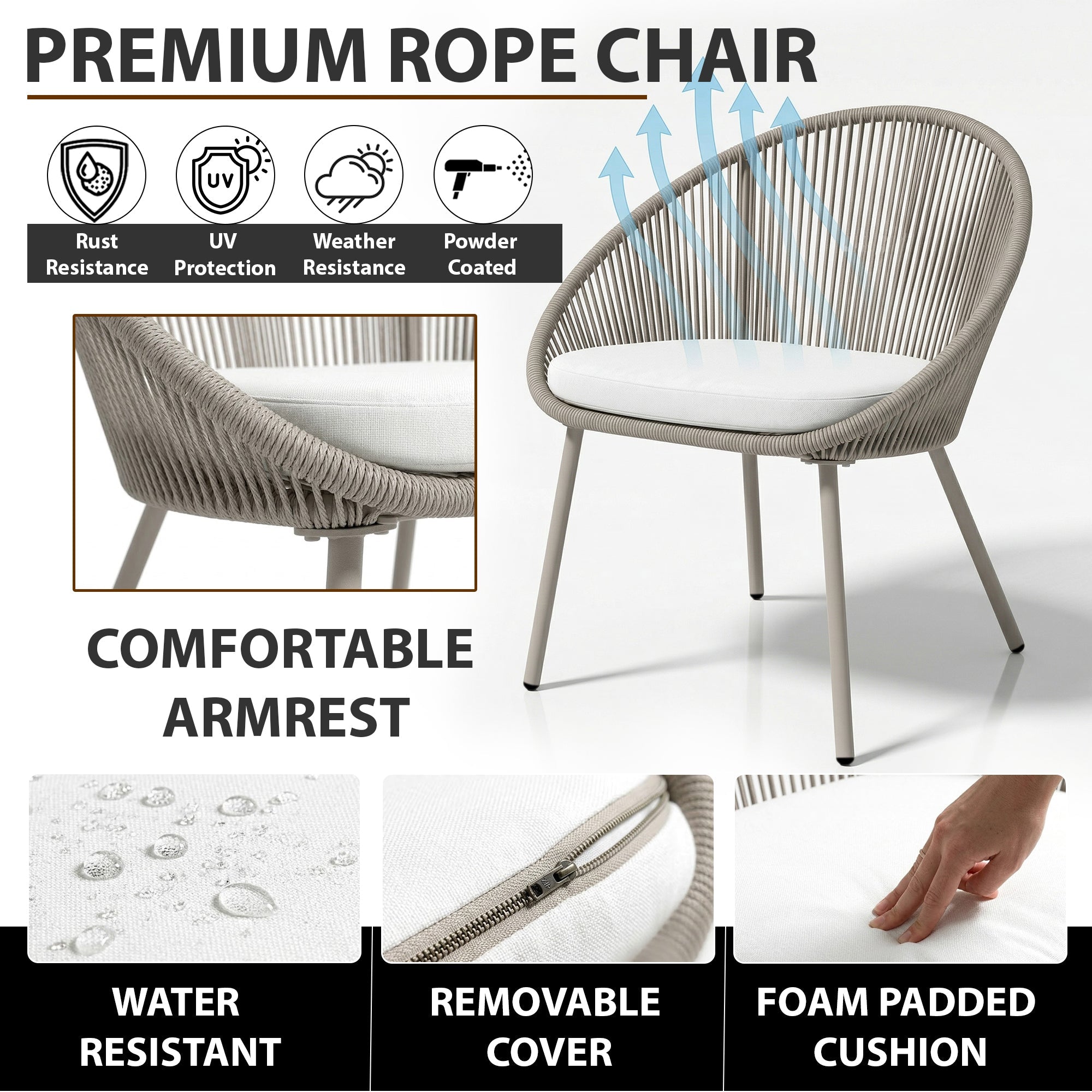 Soma Outdoor Patio Seating Set 2 Chairs and 1 Table Set (Grey) Braided & Rope